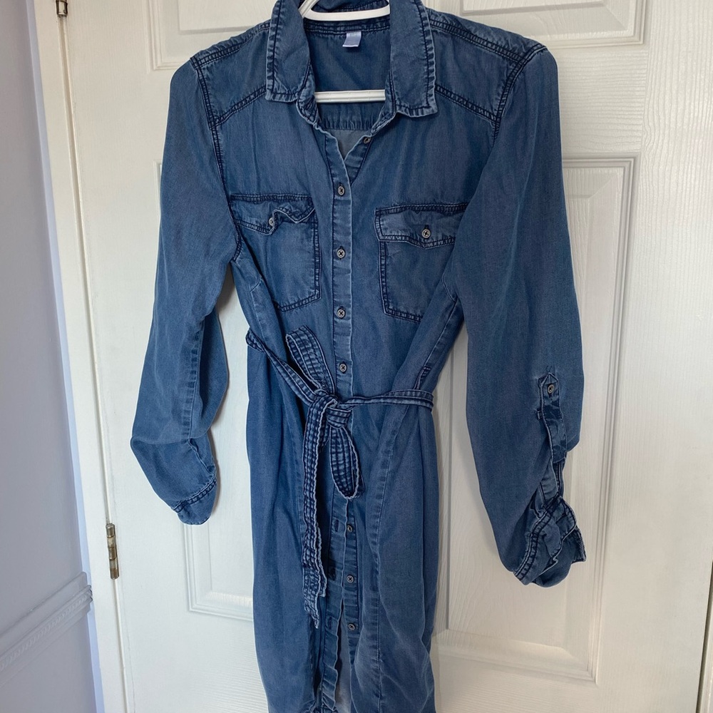 Denim Button-Up Dress with Belt